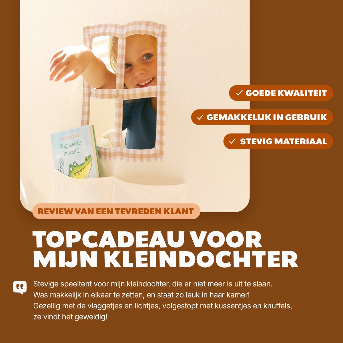 NOVOB® Speeltent - Kinder tent Jongens & Meisjes - Speelhuis voor Binnen - Kinderspeelgoed 3 t/m 8 jaar- Incl. Zachte Mat met Verlichting, 2 Vlaggetjes & Opbergvakken - Beige/Bruin — afbeelding 8