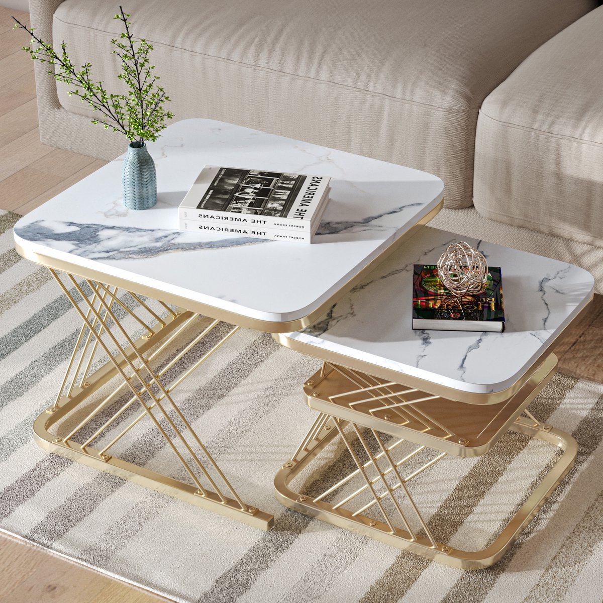 Tafelset van 2 salontafels 60x45cm, 45x38cm bijzettafel met wit blad en gouden pootondersteuning, ingebouwde vierkante salontafel voor aan de zijkant van de bank in de woonkamer, wit + zwart Kader