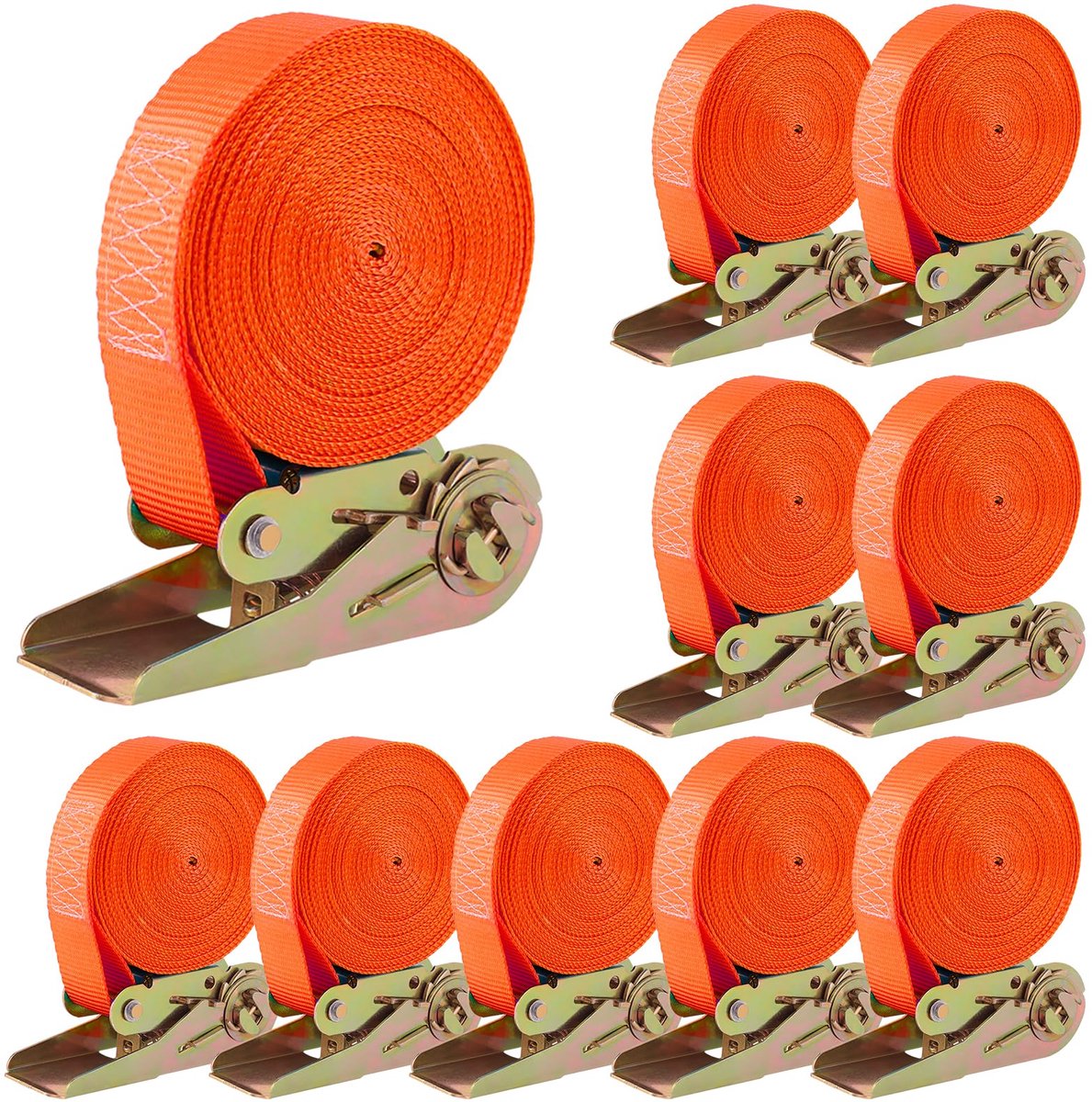 Ratelspanbanden - 2-delig, met haken, 800 kg draagvermogen - Voor ladingzekering - Oranje, 6 meter x 25 mm, 10 stuks