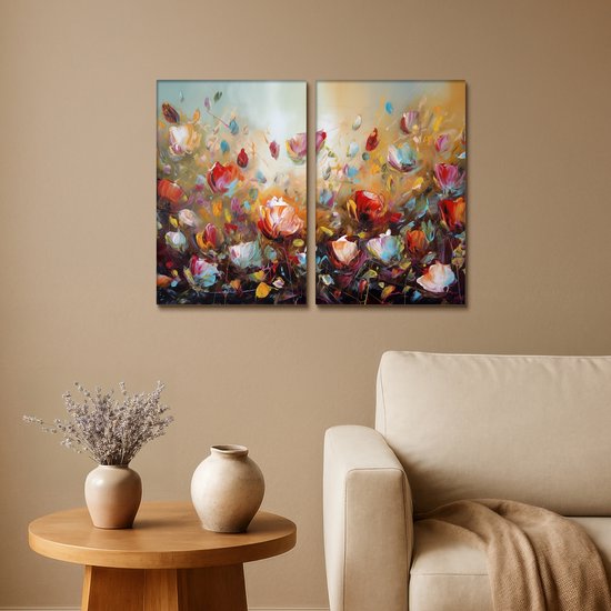 Canvas schilderij set 80x60 cm - Wanddecoratie tweeluik - Bloemen - Abstract - Verflook - Kleurrijk - Muurdecoratie woonkamer - Slaapkamer decoratie - Kamer accessoires - Schilderijen op canvas