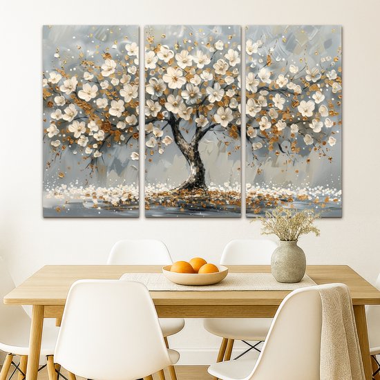Ensemble de peintures sur toile 120x80 cm - Décoration murale triptyque - Arbre - Abstrait - Wit - Fleur - Décoration murale salon - Décoration chambre - Accessoires chambre - Peintures sur toile