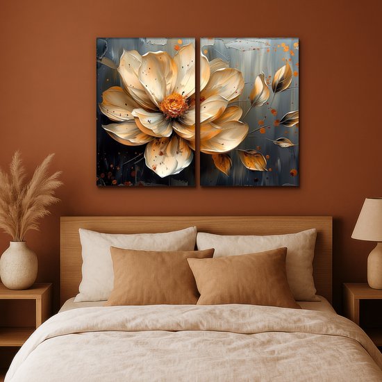 Ensemble de peinture sur toile 120x90 cm - Décoration murale diptyque - Bloem - Or - Abstrait - Peinture - Décoration murale salon - Décoration chambre - Accessoires chambre - Peintures sur toile