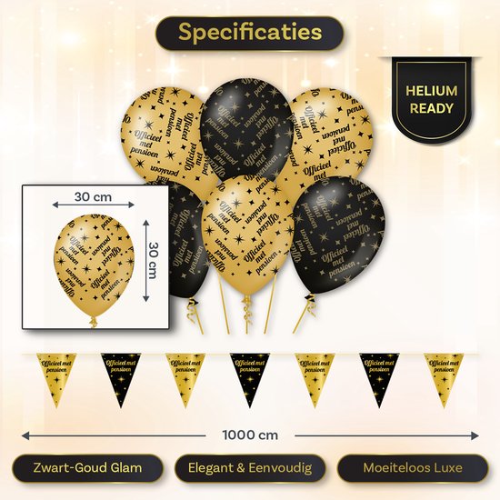 Set van 6 ballonnen (zwart en goud) met 'Officieel met pensioen' tekst en een gouden vlaggenlijn van 10 meter.