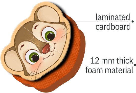 Puzzelstuk van een bruine muis met groene ogen en een bruine neus. Gemaakt van karton op schuim.