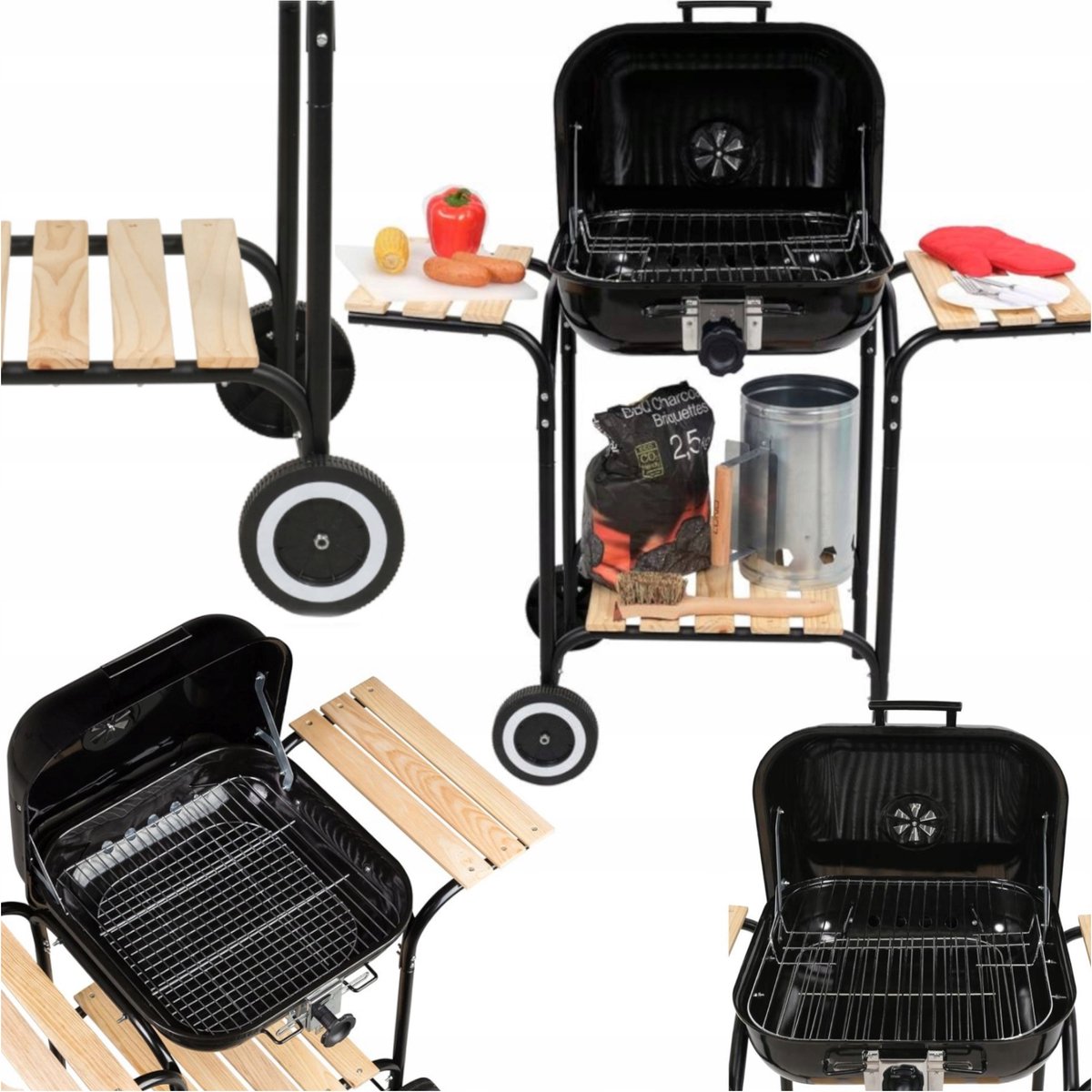 Grote Koolgrill met 3 Houten Tafels en Verstelbare Roosterhoogte