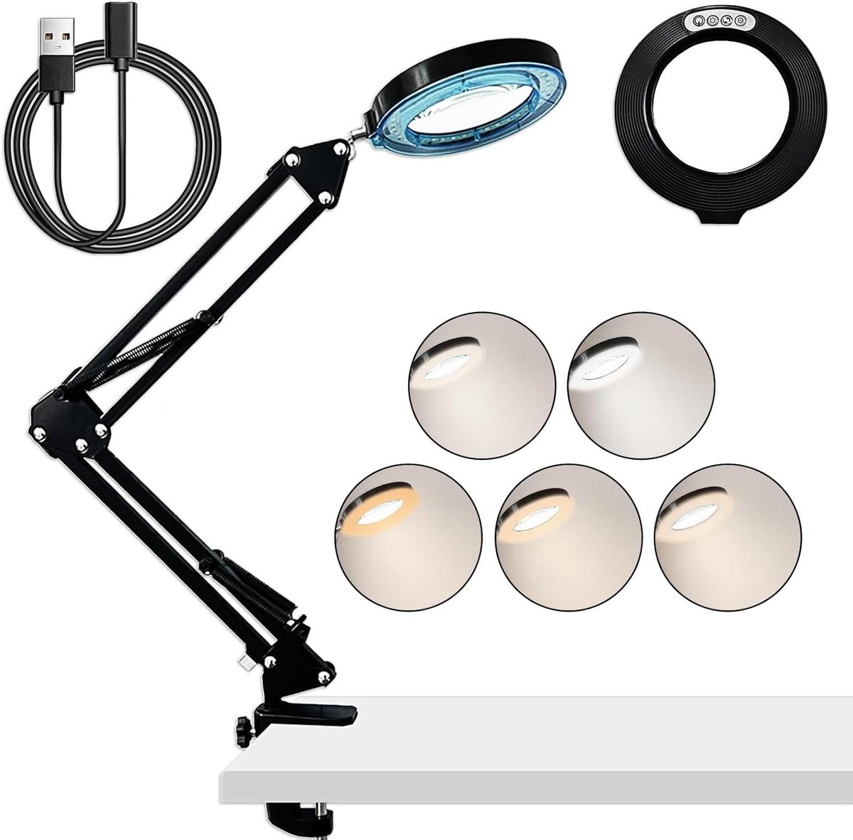 Vergrootglas met licht en standaard, led-verlichte loeplamp met klem, verstelbare zwenkarm, 5 kleurmodi, 10 helderheidsniveaus, lamp met vergrootglas, tafellamp voor hobby's, knutselen, lezen.