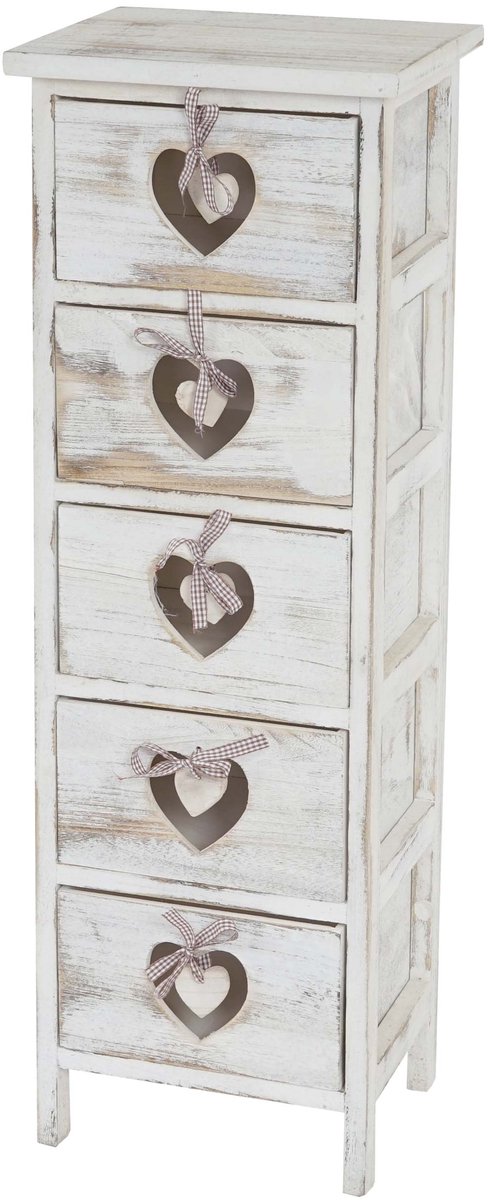 MCW Forli ladekast, kast, 5 laden met hartjes 86x29x25cm, shabby look, vintage ~ wit