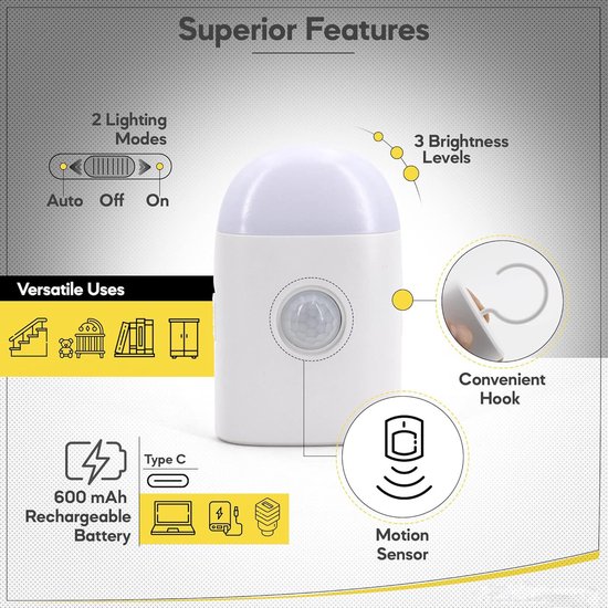 Sander Shop led-nachtlampje warm white met bewegingssensor, batterij oplaadbaar nachtlampje sensorlicht kastlicht voor slaapkamer kast hal trap (1 stuk) van Merkloos — afbeelding 5