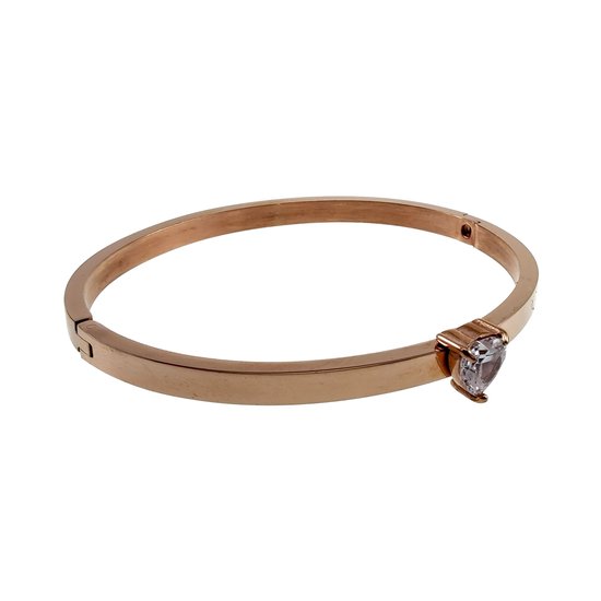 Bracelet jonc rigide en acier inoxydable couleur or rose avec zircones en forme de cœur, 16 à 18 cm