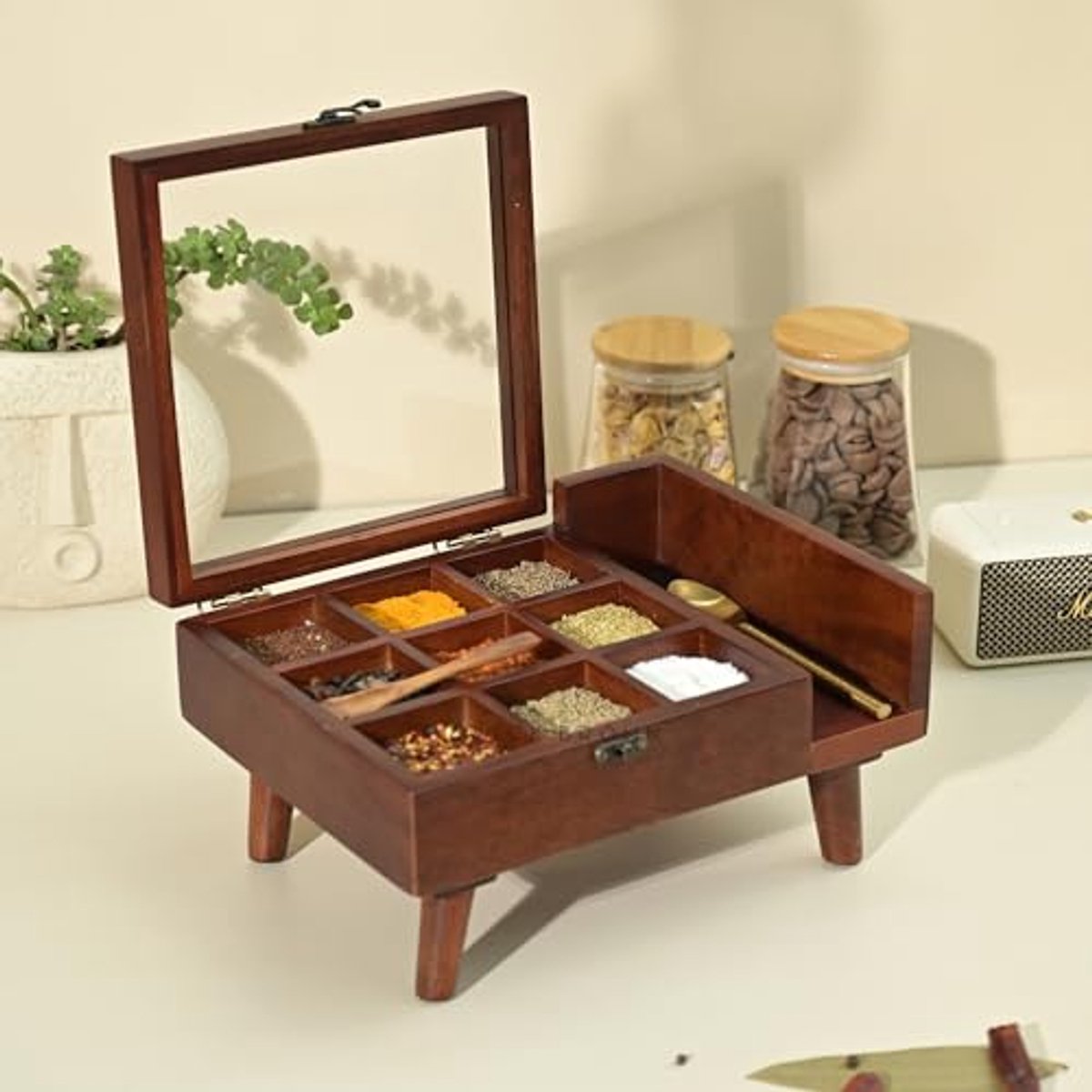 Premium handgemaakte houten kruidenbox met 9 compartimenten en poten - 27 x 20 x 10 cm