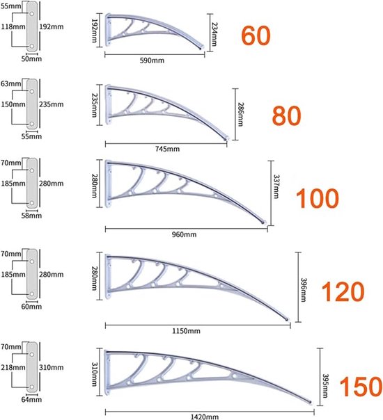 Luifel voor voordeur, gebogen luifel van polycarbonaat, luifel, PP-houder, deurdak voor zonwering buiten, regenbescherming, 60 x 100 cm