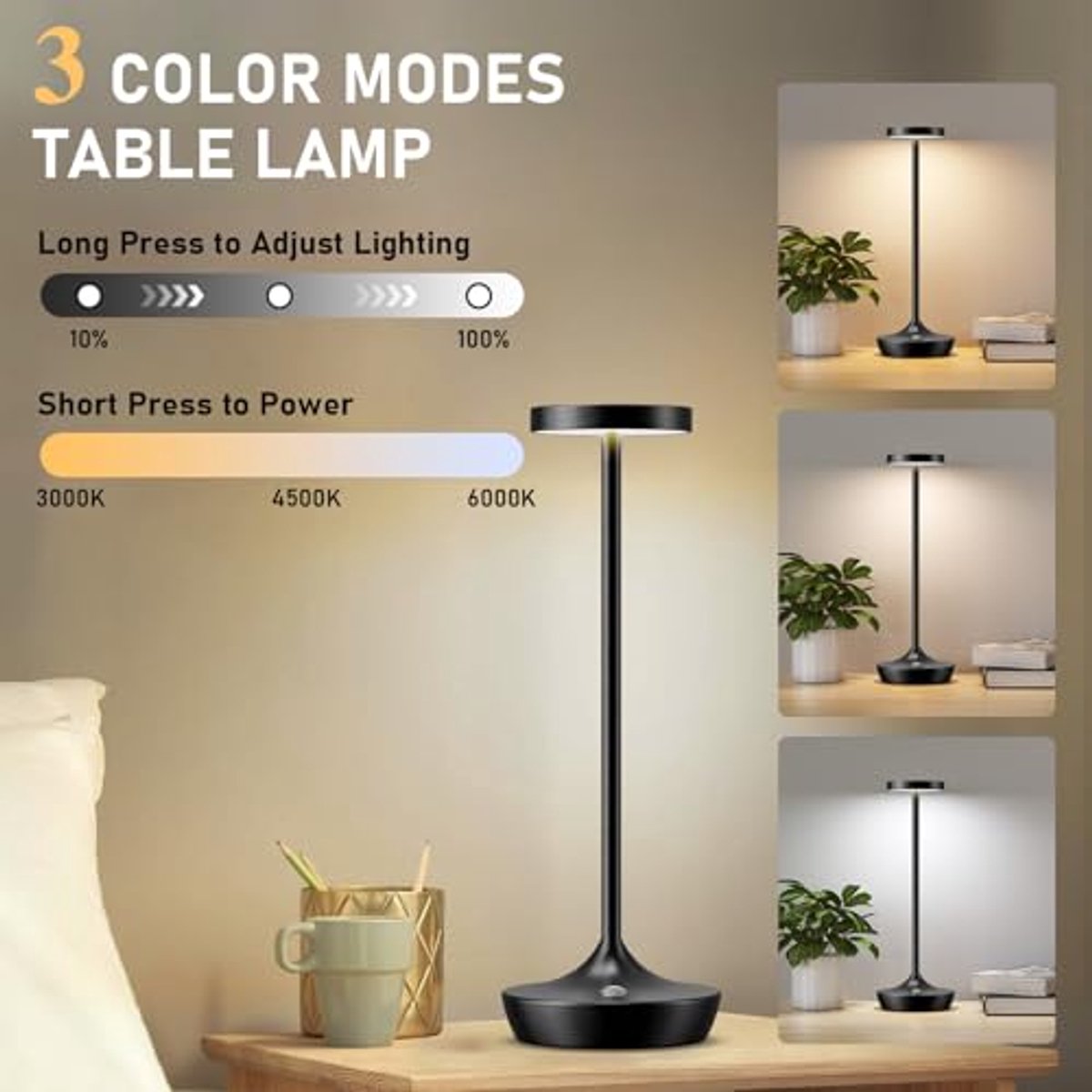 Draadloze Oplaadbare LED Tafellamp - 2 Stuks, Waterdichte Bureaulampen met Touch Dimfunctie en 3 Kleuren voor Buiten en Thuis — cadeau in Wonen & Interieur - foto 5