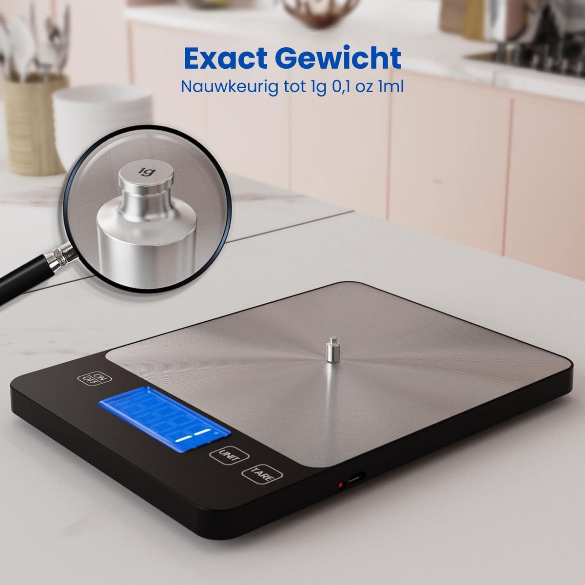 SNJY® Weegschaal Keuken - Mini Weegschaal - Precisie Weegschaal - Tot 15 KG - 1g Precisie - Zwart/Zilver