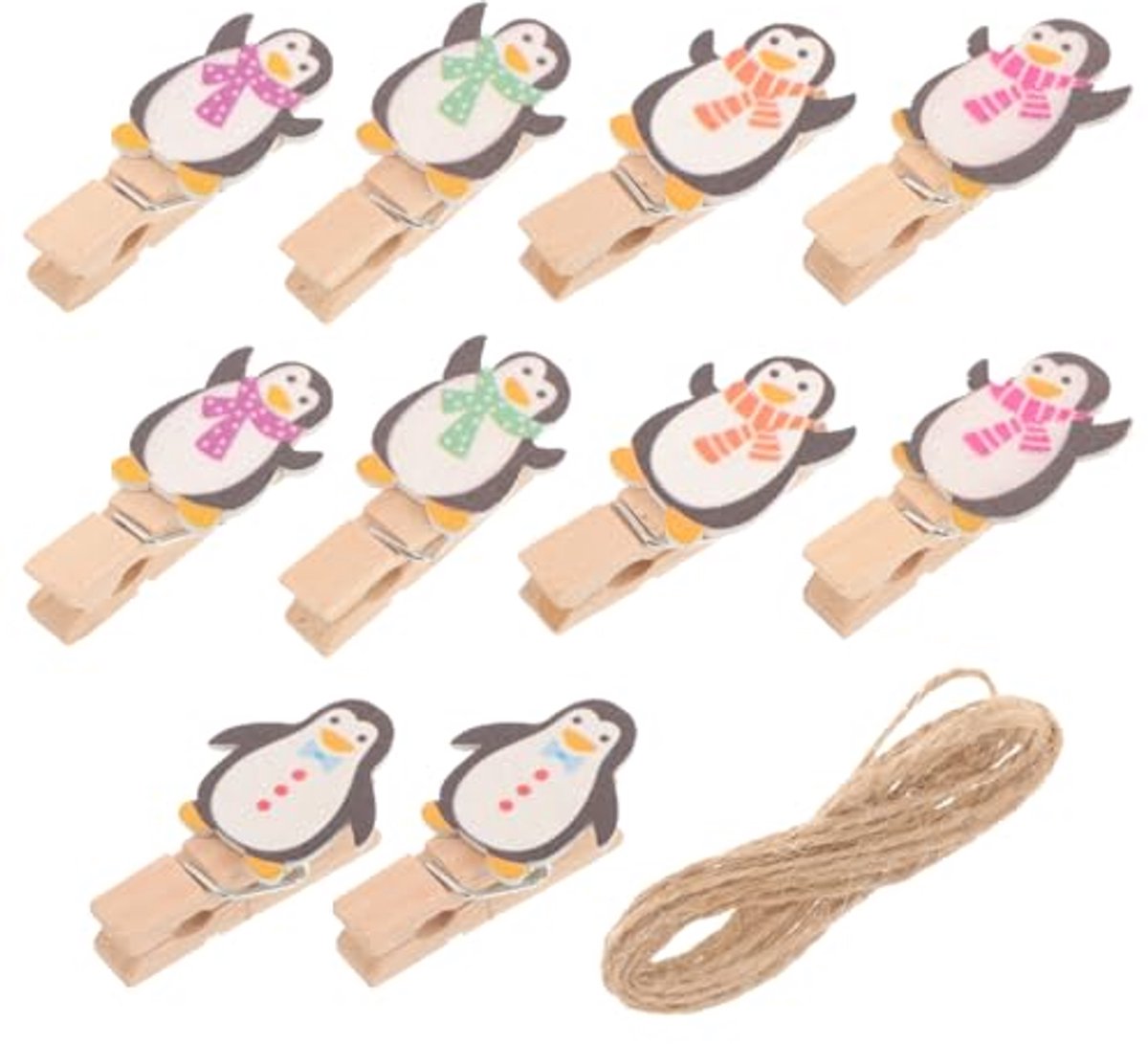 Kleurrijke Houten Klemmen voor Knutselen – Mini Wasknijpers in Pinguïn Design – Set van 10