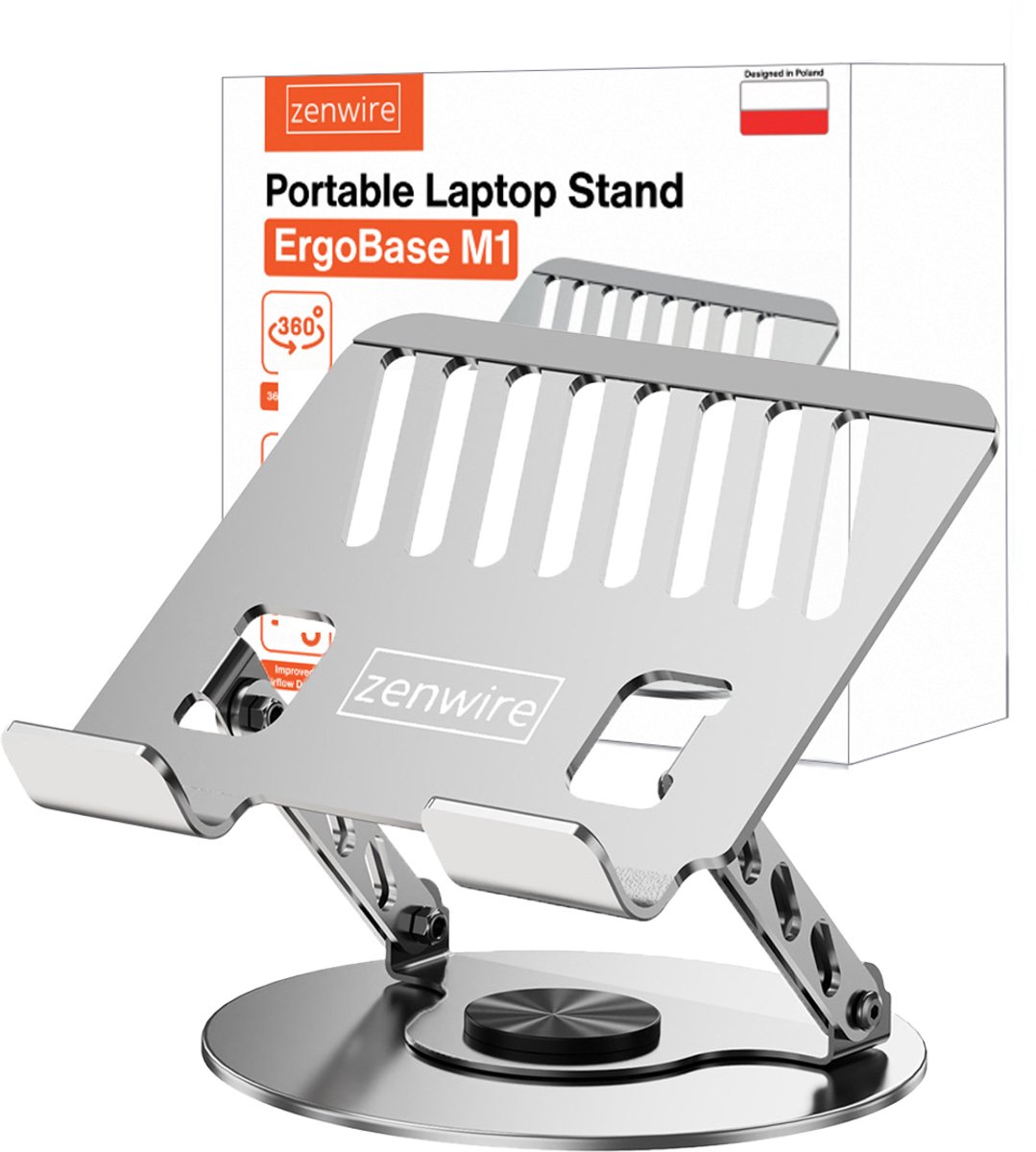Zenwire ErgoBase M1 - Laptop Standaard Verstelbaar - Ergonomische Stand - Laptop houder - Laptopsteun - Laptophouder - Ergonomisch - Tot 10 kg belasting - 360° graden - tot 17,3 inch - zilver