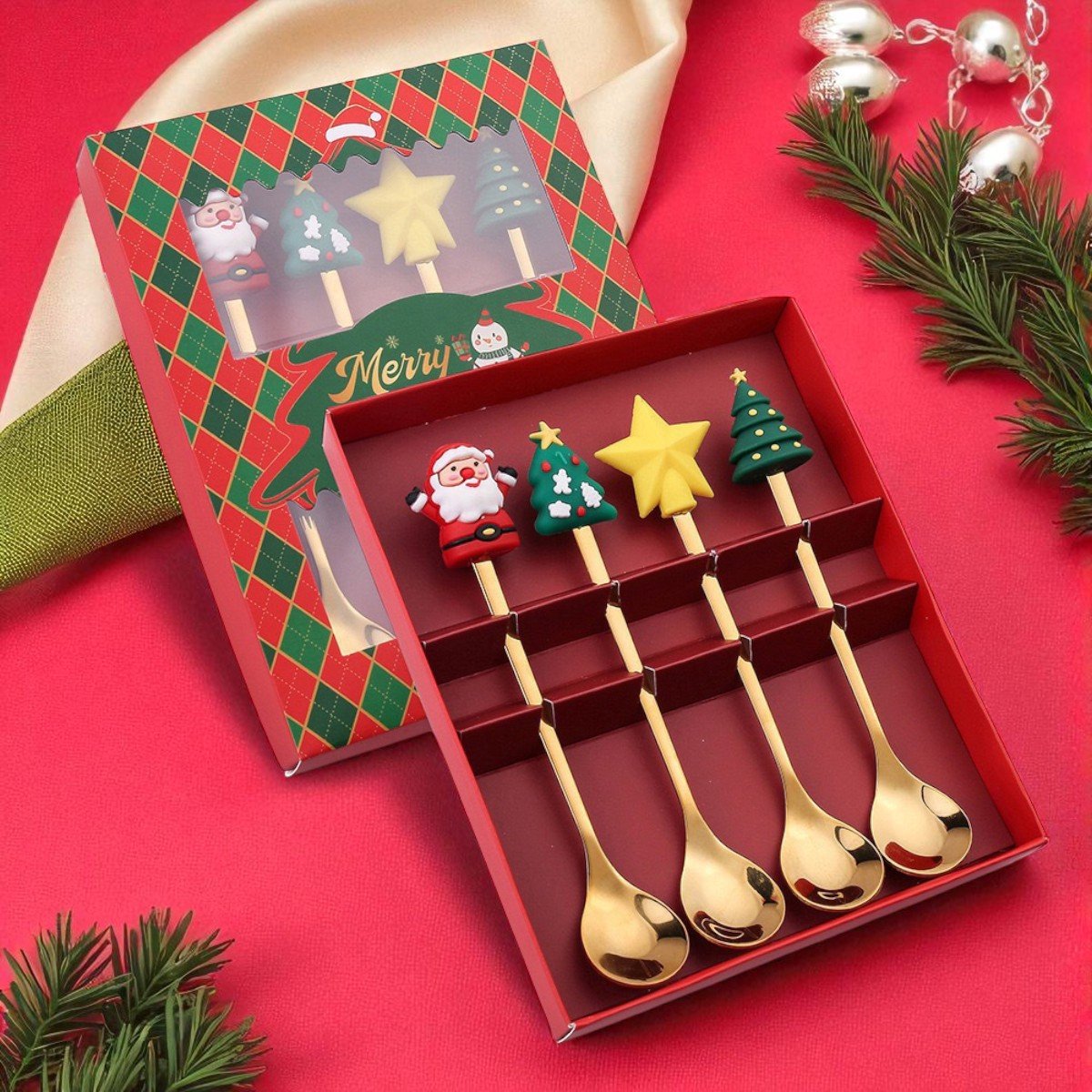 Bestekset - cadeauverpakking - 4-delig - kerst - feestelijk - roestvrij staal - tafelaccessoire - cadeau