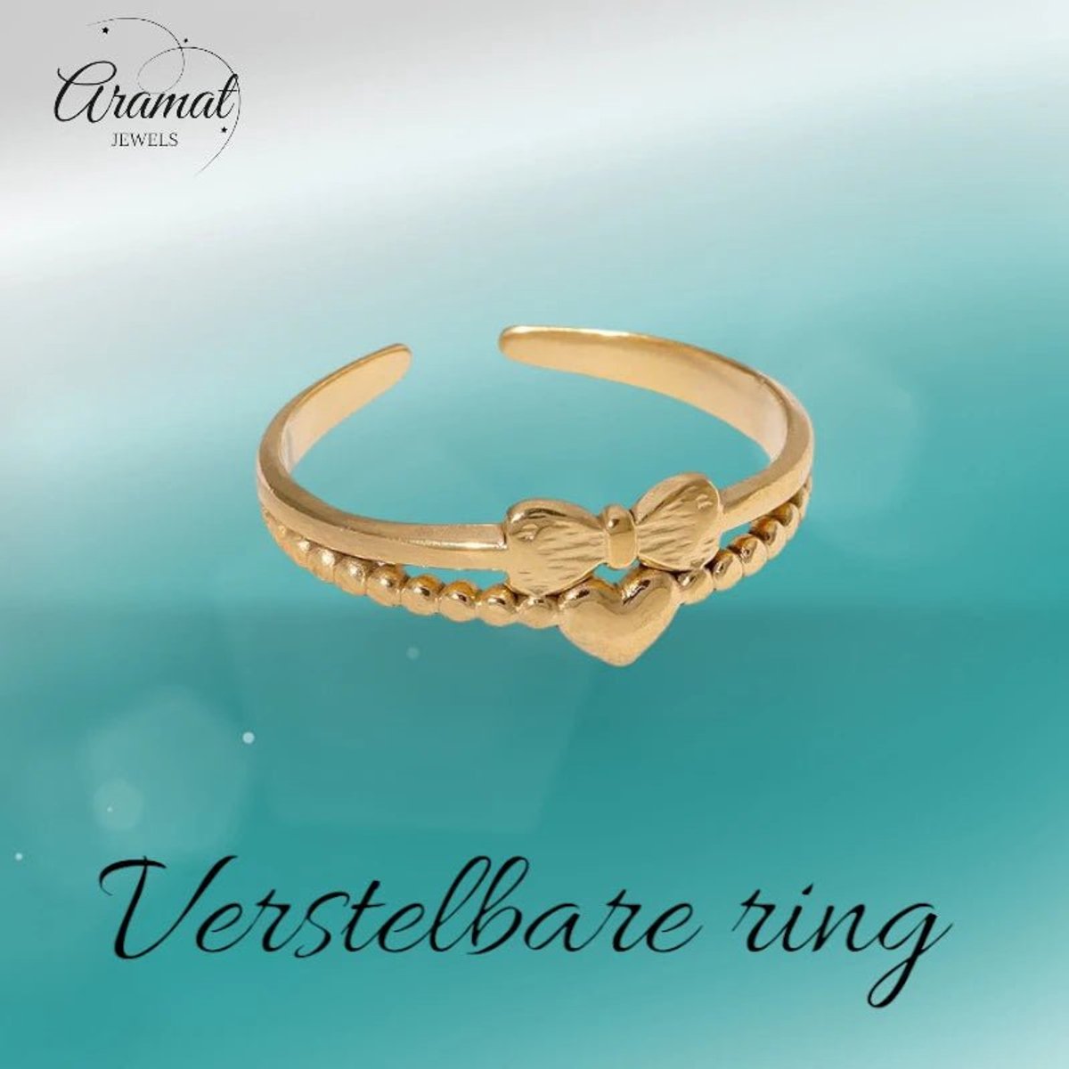 Aramat Jewels | Ringen | Stalen Damesring - Strikje & Hartje - 7mm | Goudkleur | |7mm | Staal | Volwassenen | Verkleurd niet