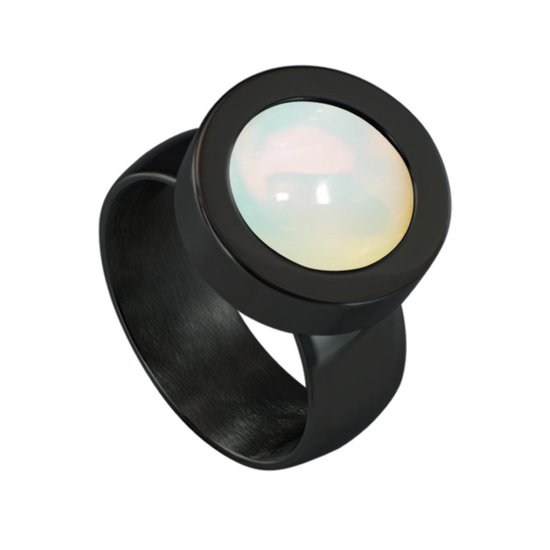 Quiges Dames Ring RVS Zwart met Opaal Mini Coin - SLSRS55919