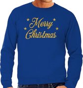 Foute Kersttrui / sweater - Merry Christmas - goud / glitter - blauw - heren - kerstkleding / kerst outfit M (50)