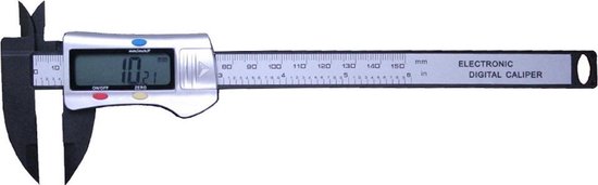 Digitale schuifmaat met zwarte kaken en zilveren behuizing. De display toont 10.21 mm.