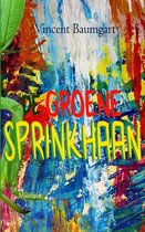 Boek 'De Groene Sprinkhaan' met kleurrijke, abstracte achtergrond en groene tekst.