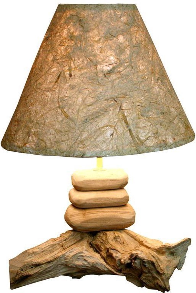 Landelijke houten lamp met houten lampenvoet Jack Teak Tafellamp - Bruine  lampenkap | bol