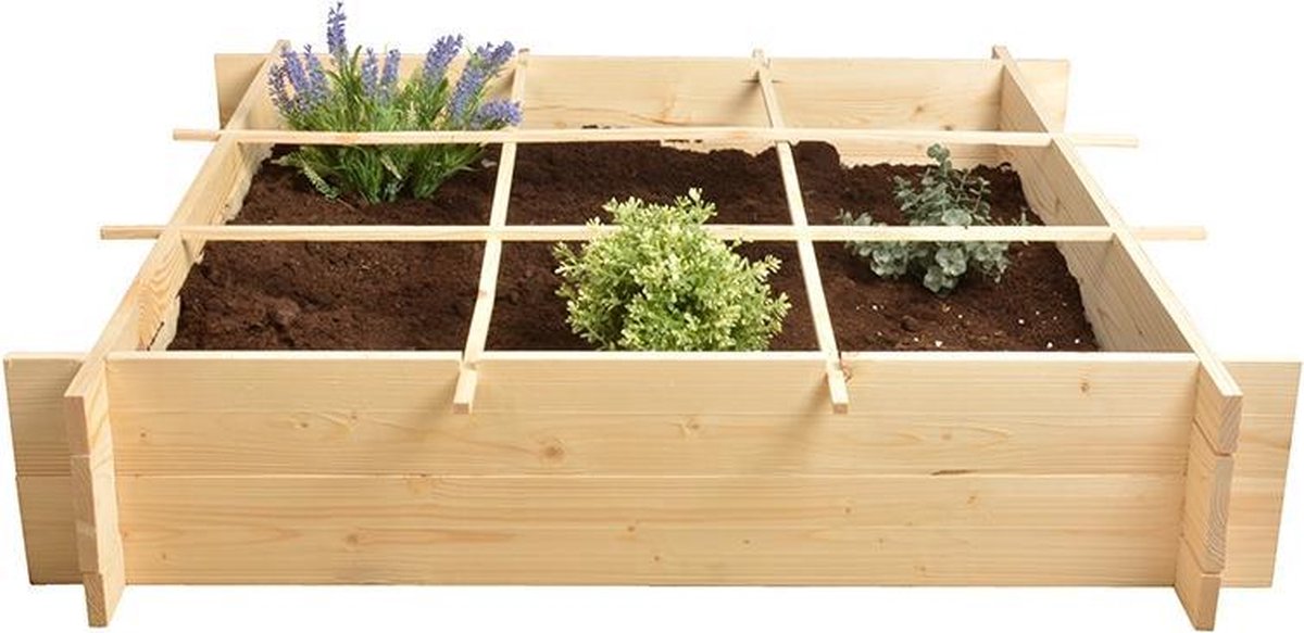 Vierkante meter tuin - hout - inclusief worteldoek - 9 vakken - moestuin -  100x100x20 cm | bol.com