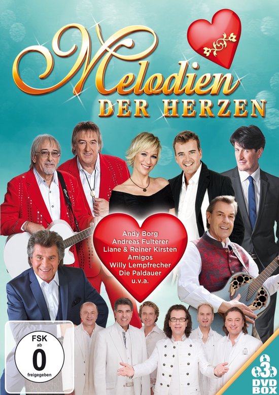 DVD box 'Melodien der Herzen' met een groep van 10 zangers, sommigen met gitaren. Vlnr: Andy Borg, Andreas Fulterer, Liane & Reiner Kirsten, Amigos, Willy Lempfrecher, Die Paldauer.
