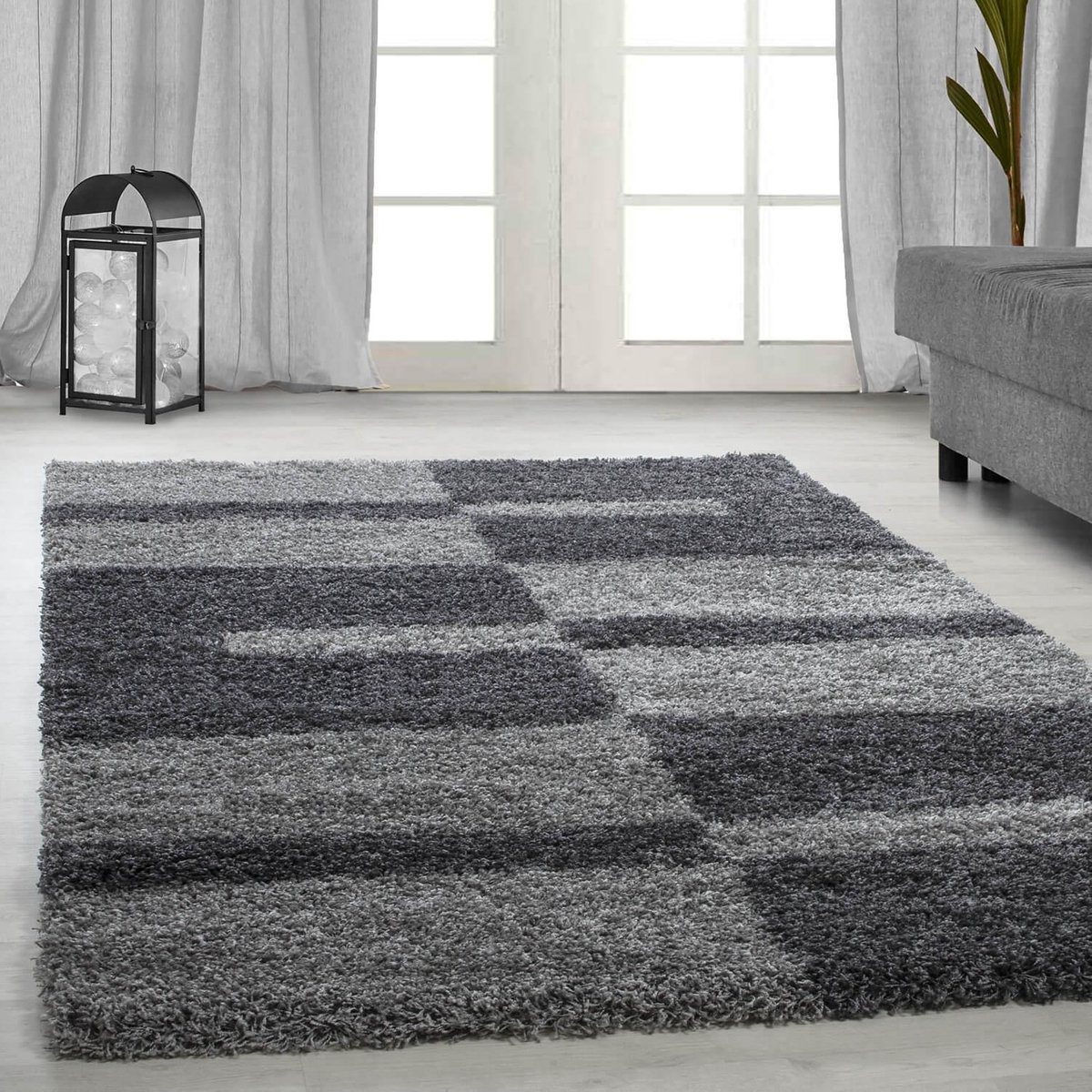 Hoogpolig vloerkleed, geruit patroon, grijs, woonkamerkleed, jute achterkant, afmeting: 80 x 150 cm