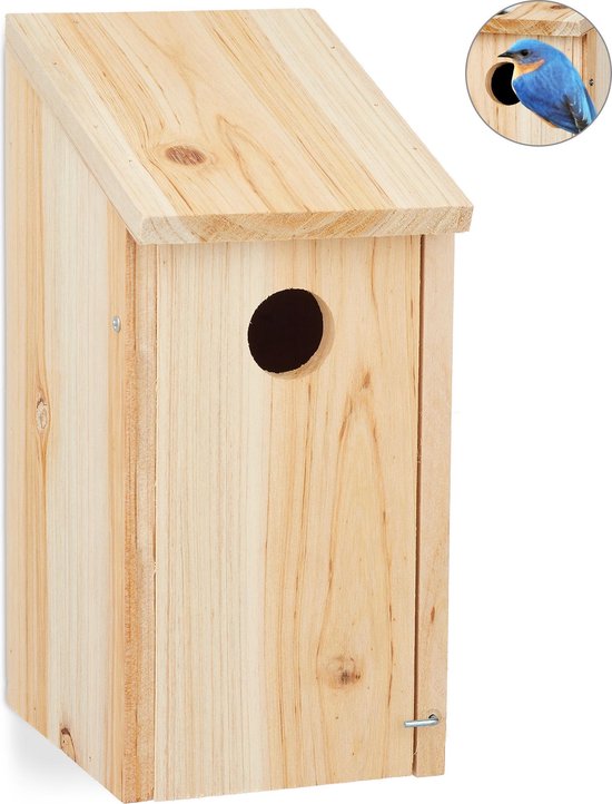 Relaxdays nestkast hout - 26 x 12 x 14,5 cm - koolmees - hangend - onbehandeld - Ø 3,2 cm
