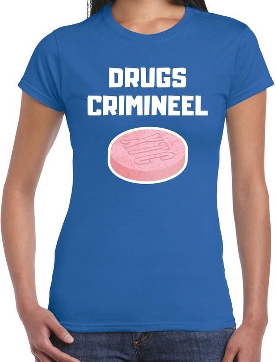 Afbeelding van product Bellatio Decorations  Drugs crimineel t-shirt blauw voor dames - drugs crimineel XTC carnaval / feest shirt kleding XS  - maat XS