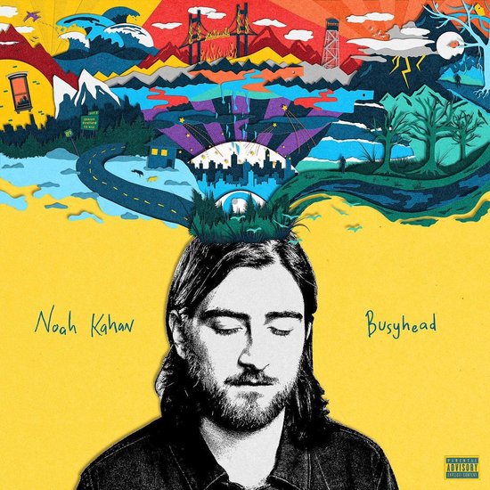 Noah Kahan 'Busyhead' album cover. Close-up van de zanger met gesloten ogen en een fantasierijke, kleurrijke illustratie boven zijn hoofd.