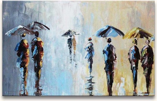 Peinture peinte à la main à l'huile sur toile - Five parapluies et une Wet