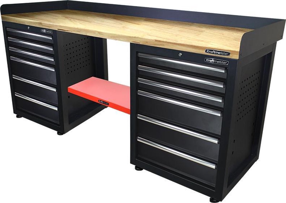 Kraftmeister werkbank 200 cm - Werktafel met 12 laden en eiken werkblad - Zwart