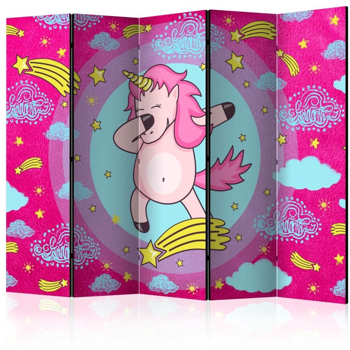 Vouwscherm / Kamerscherm - Dansend Eenhoorn, roze, gemonteerd geleverd, dubbelzijdig geprint 225x172 cm