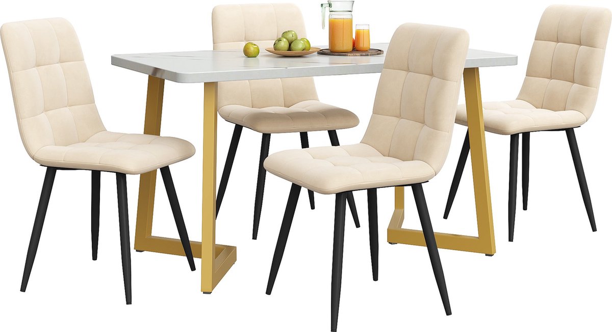 Merax 117cm Eettafel met 4 Stijlvolle Stolen - Moderne Rechteckige Eettafel Set - Beige Velvet Stoelen - Gouden Poten