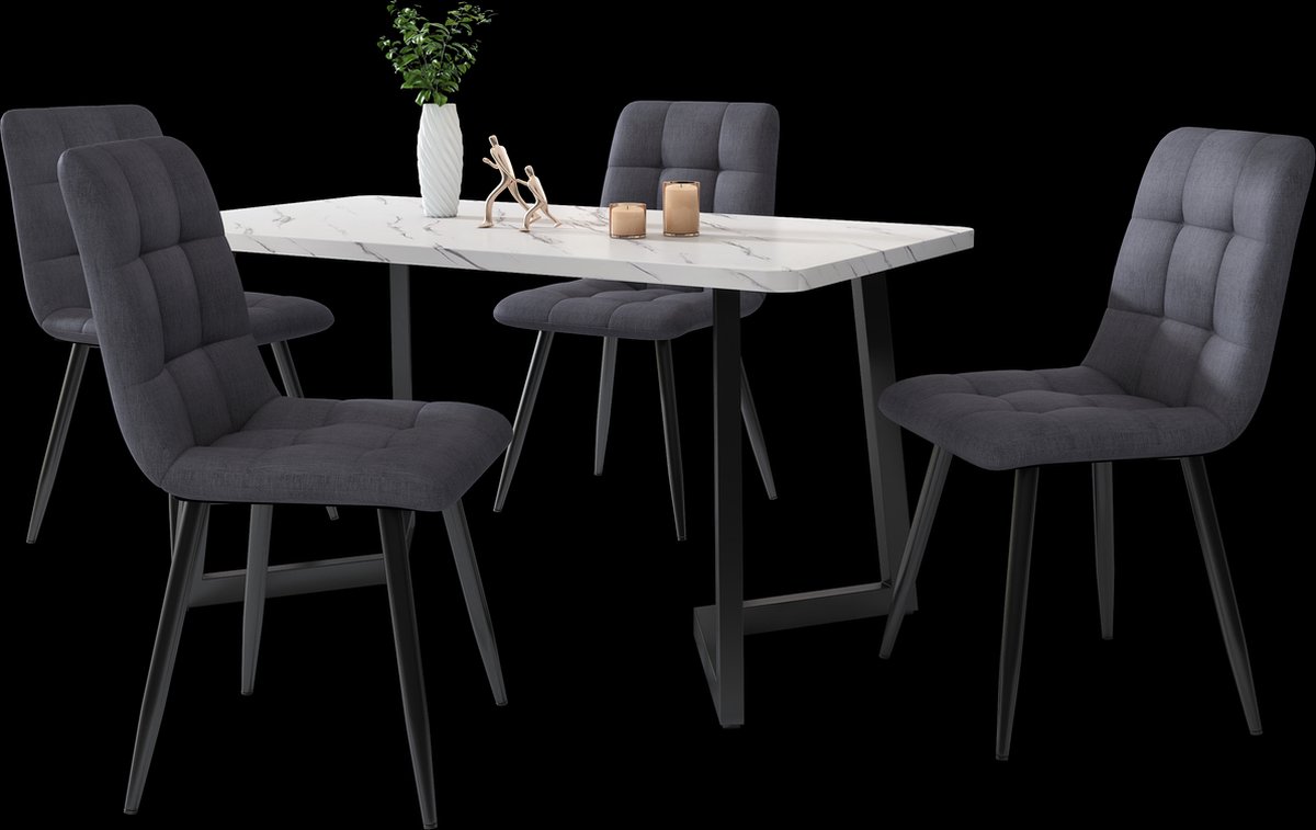 Merax Eetkamerset – 117 cm Eettafel met 4 Eetkamerstoelen – Grijs met Zwart en Wit
