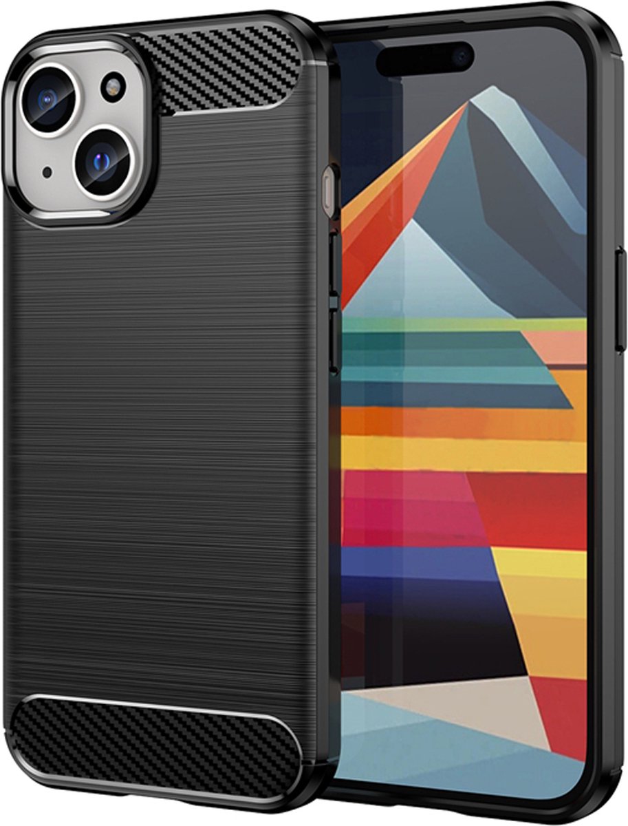 MobyDefend Hoesje - Geschikt voor iPhone 15 - TPU Backcover - Geborstelde Metaal & Carbon-Look - Zwart