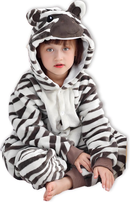 BoefieBoef Dieren Onesie Verkleedkleding Kinderen 5-9 jaar – Comfortabele Kostuum Pyjama – Maat 120 tot 140 – Dierenpak voor Jongens en Meisjes – Feest, Carnaval Verkleedkleding - Kerst, Dierenpak - of Verjaardag Cadeau - Zebra zwart wit