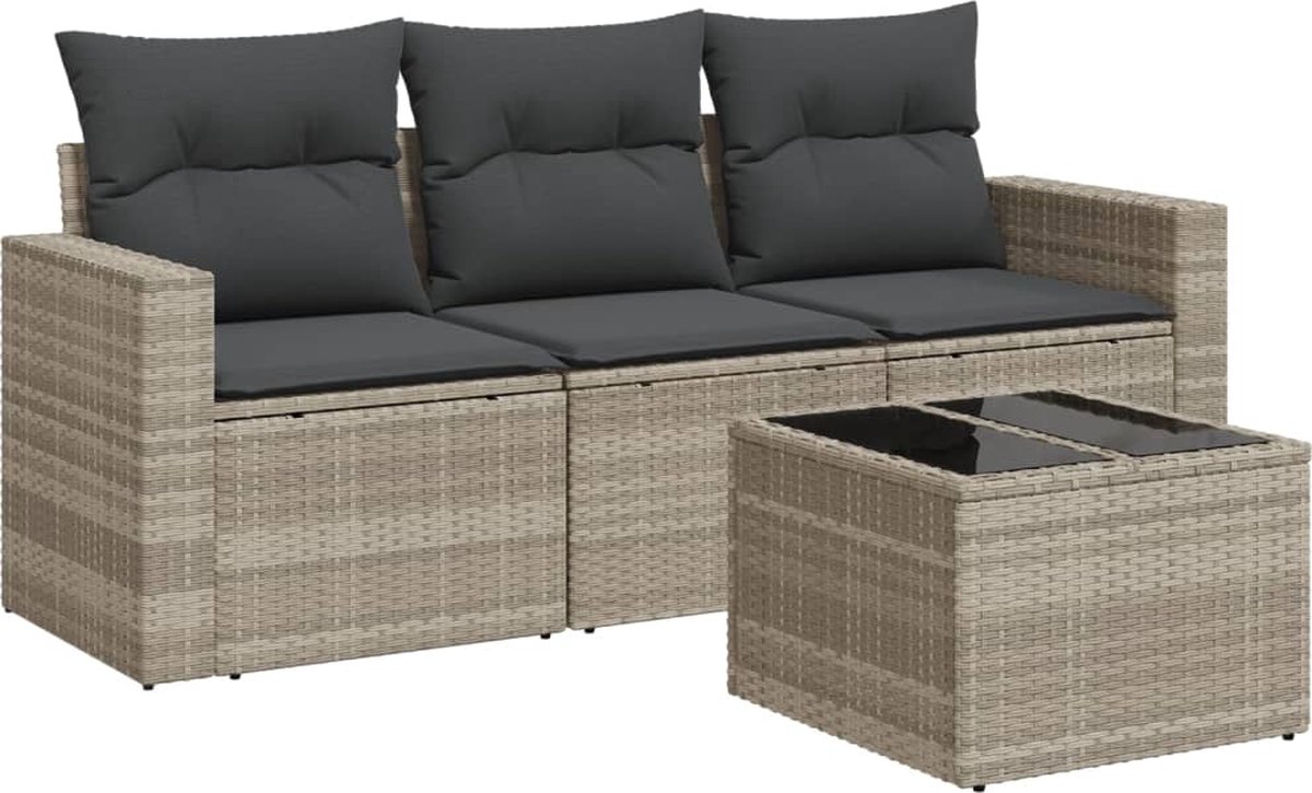 vidaXL 4-delige - Loungeset - met - kussens - poly - rattan - lichtgrijs