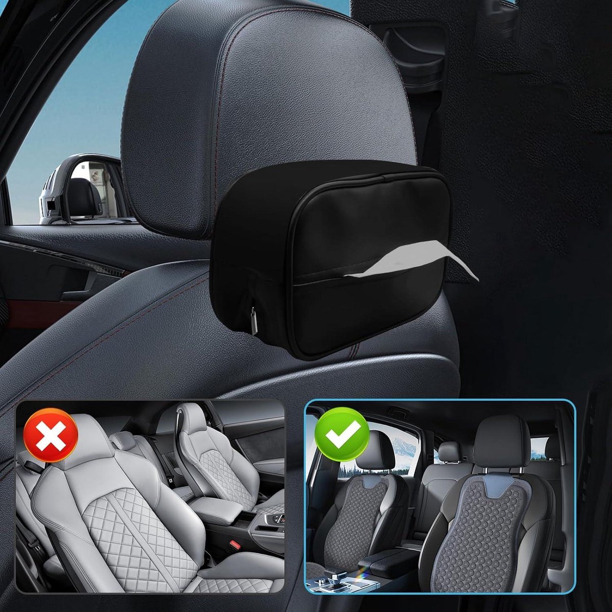 Deemars Porte-mouchoirs Voiture En Cuir - Pour Pare-soleil Ou Siège - Range Serviettes, Masques - Noir