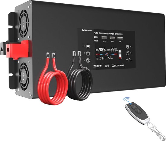 Pure Sinus Omvormer 2500W (5000W Piek) – Ingang 48V/60V/72V Selecteerbaar, 230V Uitgang – Met LCD-scherm, 2x EU-stopcontact, USB-C En USB-A – Voor Camper, Zon En Thuisgebruik
