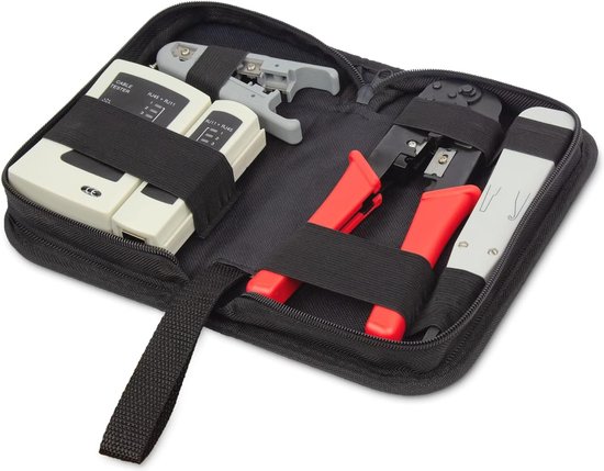RedStar24 Netwerkgereedschapsset 4-in-1 – RJ45 krimptang, LSA opleggereedschap, LAN-netwerktester & stripper – professionele kabeltester set voor RJ45, RJ11, CAT7, CAT6a, CAT6 – incl. tas