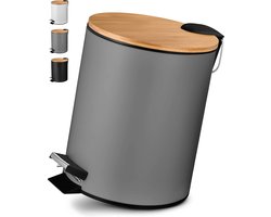 VMbathrooms® Pedaalemmer 5 Liter in Elegant Grijs Design - Prullenbak badkamer 5L met soft close-mechanisme - Elegante prullenmand voor de badkamer met binnenbak en bamboehouten deksel
