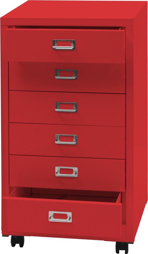 Rode ladekast van metaal met 6 laden, waarvan de onderste open is. Zilverkleurige handvatten.