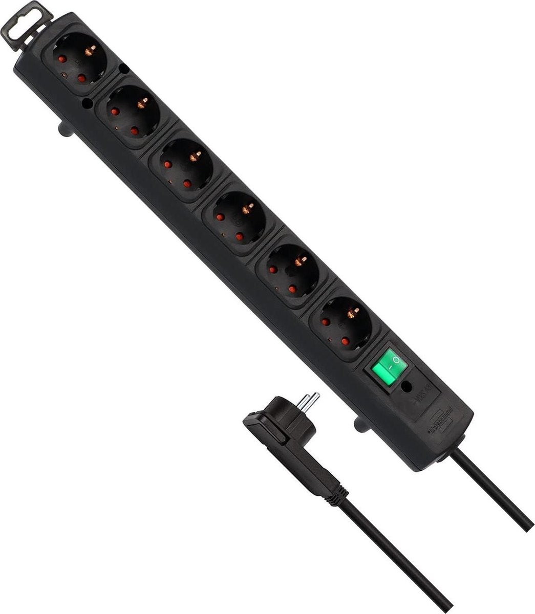 Stekkerdoos Comfort-Line Plus schakelaar 2 m kabel extra brede afstanden stopcontacten kleur wit Single 6-fach zwart