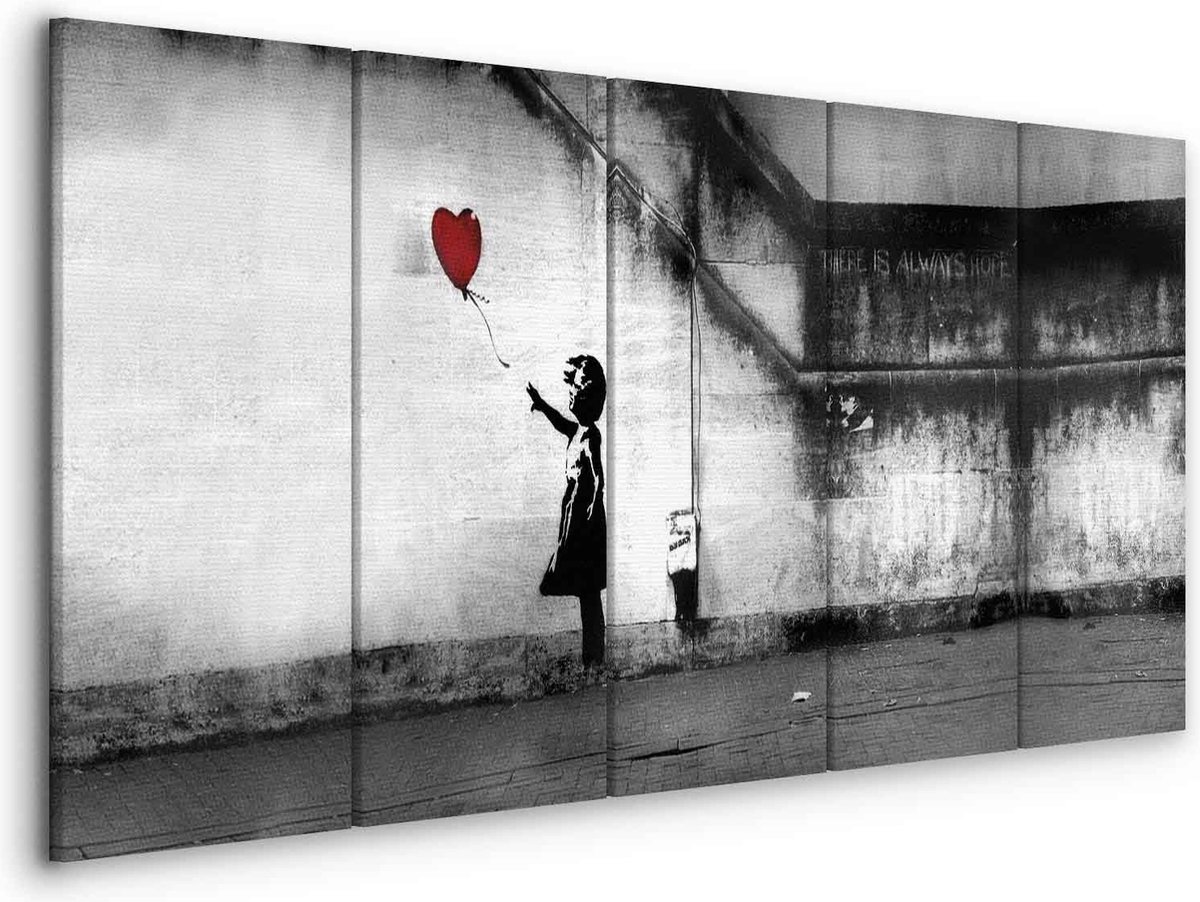 karo-art Schilderij - Banksy: Runaway Balloon Multikleur