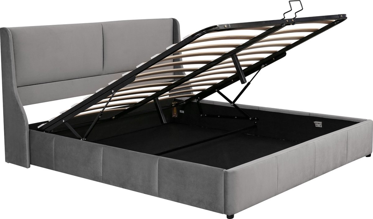 Merax Velvet Gestoffeerd Tweepersoonsbed 160x200 cm - Bed met Hydraulisch Opbergruimte - Grijs