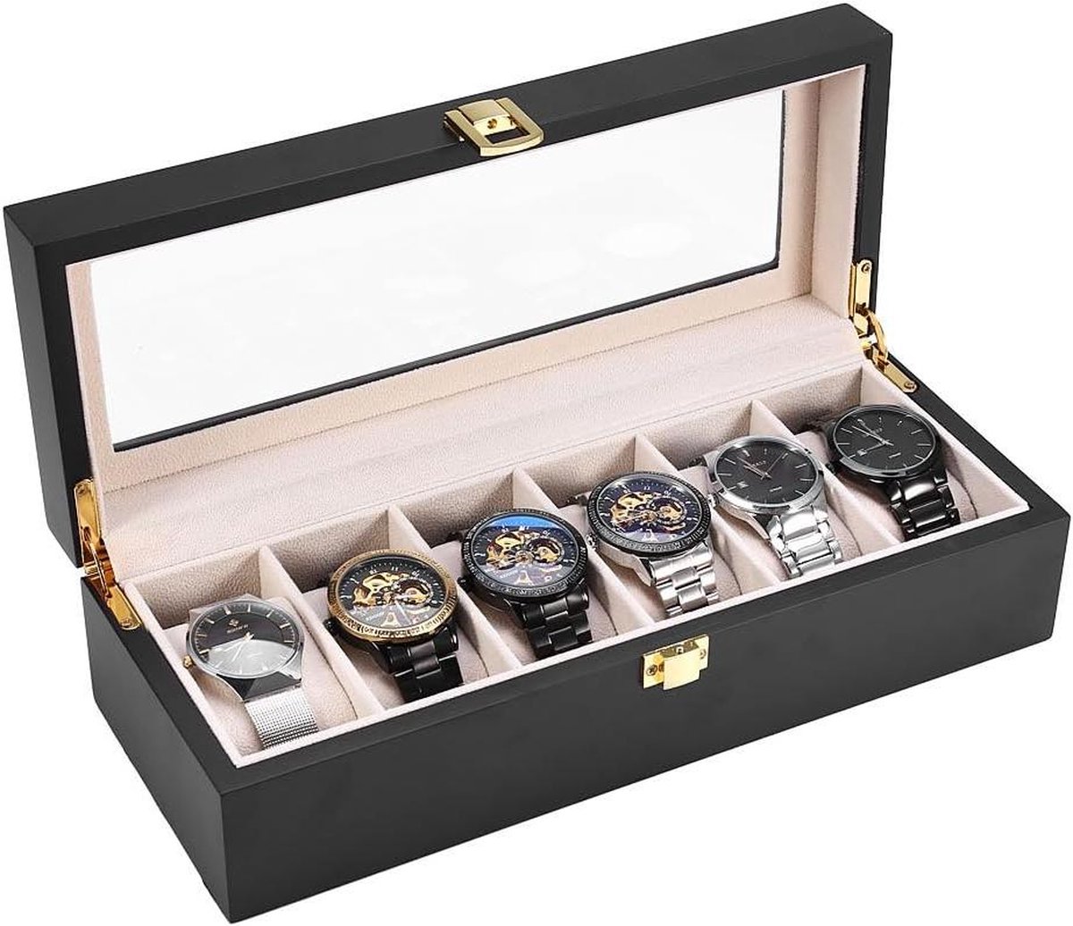 Wooden Watch Box with 6 Compartments - Glass Lid  Metal Closure