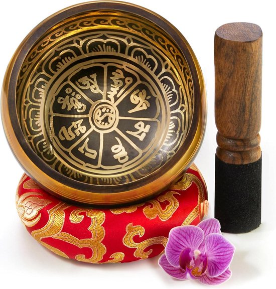 Klankschaalset met lepel en kussen in loktapapier geschenkbox - Tibetaanse Singing Bowl uit Tibet Mystic Black van Purityजर༄ — afbeelding 2